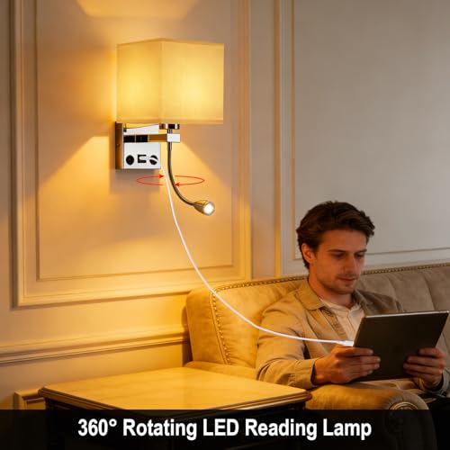 Sconces Wall Lighting Hardwired Modern Wall Lights for Bedroom with USB Port and Reading Lamp, Bedside Wall Lamps for Hotel, Living Room, Office (Silver) - color: Chrome+Reading Light