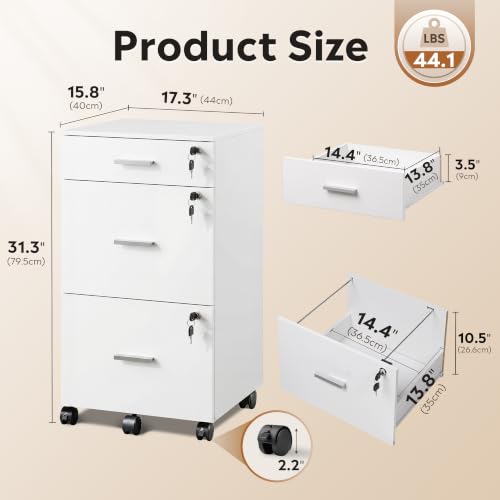 DEVAISE 3 Drawer File Cabinet with Lock & Wheels, Wood Printer Stand, White - color: White