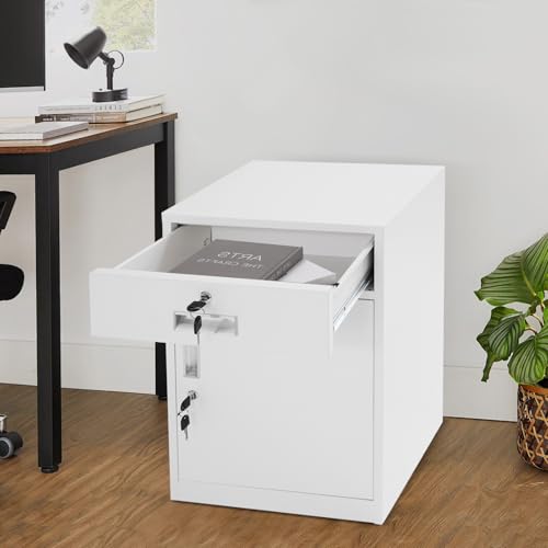 Metal Storage Cabinet with Lock, Under Desk Office Cabinet, Vertical File Cabinet, Printer Stand, Locking Filing for Home Office (White)