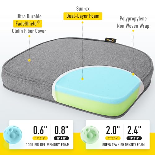 SUNROX Gel Memory Foam Chair Cushions, FadeShield Water-, Stain-Resistant Durable Reversible Seat Cushion Pads with Ties for Indoor/Outdoor Kitchen Dining Office 17"x16" Set of 2, Heather Charcoal - color: Heather Charcoal, size: 17x16 Inch (Pack of 2)