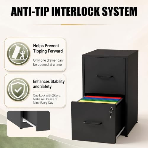 2 Drawer File Cabinet with Lock, 25.6" H Small File Cabinet - color: Black, size: 25.6"H - 2 Drawer