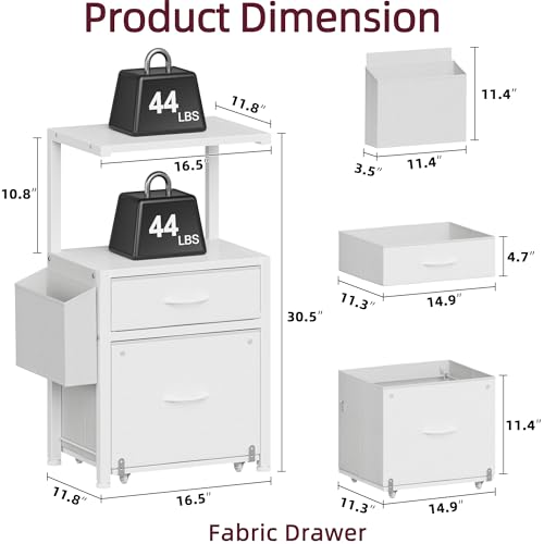 HIGDBFE File Cabinet with 2 Fabric Drawers & Dual Shelves, White | 2-Tier Printer Storage, Letter File Drawer, Reversible Side Bag, Smooth Drawer Slides, Rolling Support Board Prevent Collapse - color: White