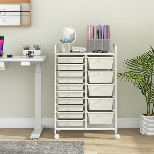 Giantex 15 Drawers Rolling Cart, Classroom Organizers, Storage Cart with Wheels, for Teacher Office Home School Supplies Tool Craft Art Paper - color: Ivory, size: 15 Drawers (5 Big +10 Small)