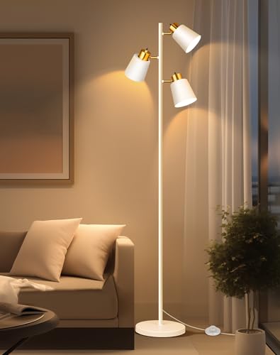 Tree Floor Lamps for Living Room, 67" Modern Standing Lamp with 3 Lights | 3 LED Bulbs Included, 3 Rotatable Light Heads, White Gold, Metal Material, 2700K Stand up Lamps, Tall Lamp for Bedroom Home - color: White Gold