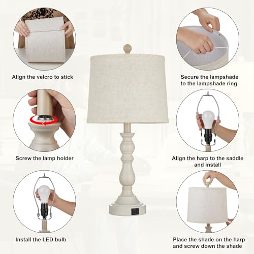 23'' Table Lamps Set of 2, Lamps for Bedroom, USB C+A Ports, Beige - color: D.Beige, Grey