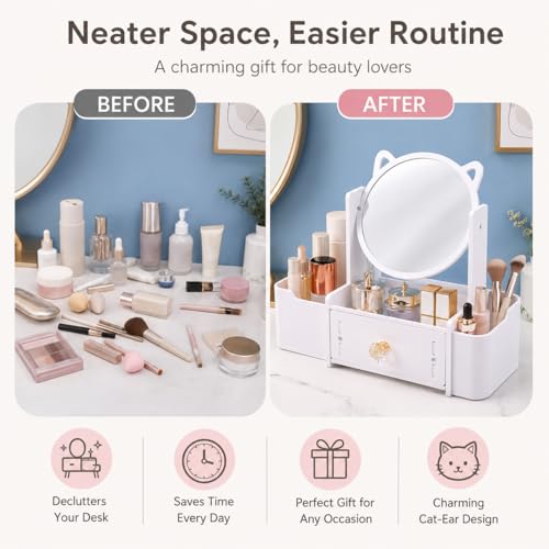 Desktop Makeup Mirror Organizer with Drawers, Compact Vanity Storage Box, Round Mirror, Cosmetic, Skincare and Jewelry