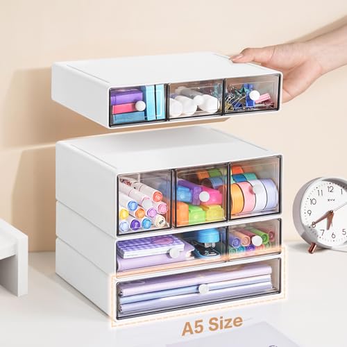 Desk Storage Organizer with 9 Drawers, 4 Tiers Stackable Desktop Craft Storage Drawers, Clear Storage Box Caddy for Stationary Makeup Jewelry Office Craft Supplies (White) - color: White