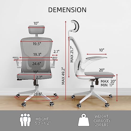 Monhey Office Chairs, Ergonomic Office Chair, Computer Chair with Adjustable Headrest, Lumbar Support, 2D Armrest, Metal Base and Iron Legs, White Frame Grey Mesh Office Chair - color: White+grey