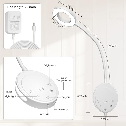 Wall Mounted Reading Light,Bedside Headboard Lights with 5 Color Temperature &5 Dimming,360°Flexible Gooseneck,USB Output, Night Light&Timer Function- Perfect for Reading (White) - color: White
