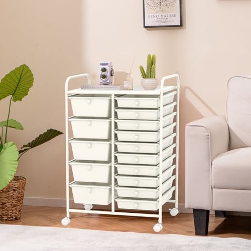 COSTWAY 15 Drawer Rolling Storage Cart, Mobile Utility Cart with Lockable Wheels, Drawers, Multipurpose Organizer Cart for Home, Office, School, White - color: White