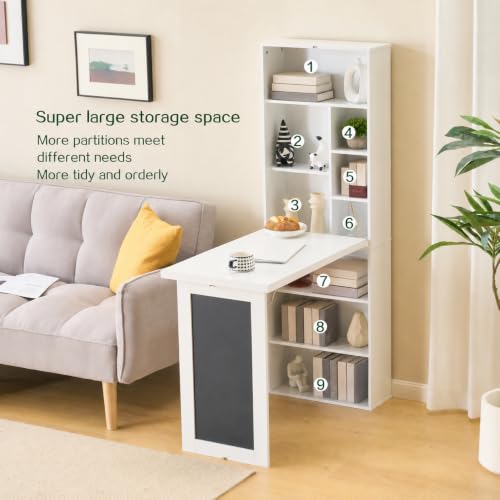 Wall Mount Foldable Writing Desk for Bedroom & Home Office (White) | Wall Desk, Wall Mount Foldable Desk with Bookshelf & Chalkboard, Space Saving Fold Down Floating Workstation - color: White