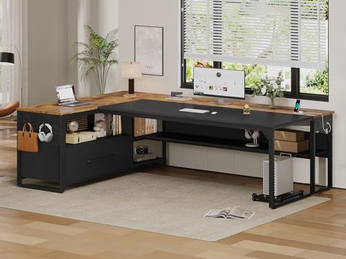 UPOSOJA 71" Executive Desk, L Shaped Office Desk with Widen File Drawers - color: Brown, size: Widen Drawer
