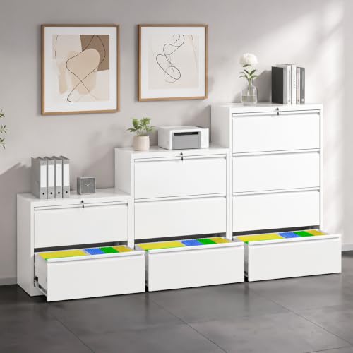 3 Drawer Metal Lateral File Cabinet with Lock,White Filing Cabinet - color: White, size: 26.8"W-3 drawers