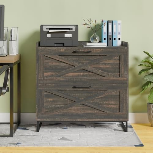 Vabches 2 Drawer Lateral File Cabinet with Charging Station, Dark Oak - color: Dark Rustic Oak
