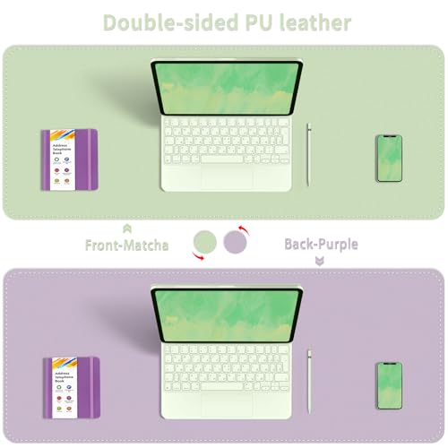 Dual-Sided Desk Mat, Large Pad, Waterproof Smooth PU Leather Blotter Protector, Mouse Pad, Desk Organizers, Office/Home Table Decor for Reading and Writing (Matcha+Purple, 47.2''23.6'') - color: Matcha+purple, size: 47.2" x 23.6"
