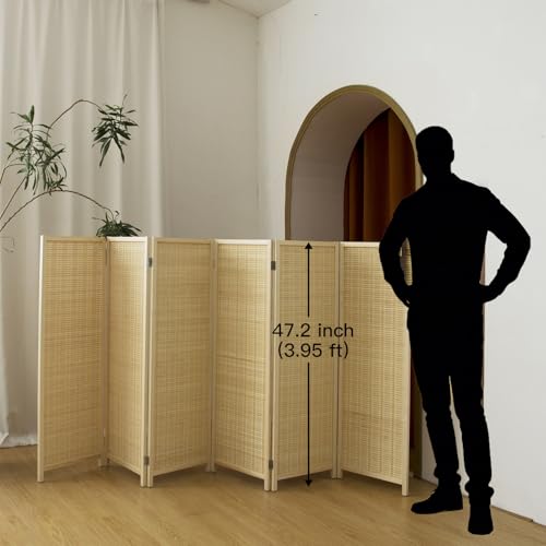 6 Panel Short Panel Divider Screen,3.95 FT Tall Bamboo Room Divider Folding Privacy Screen,Short Panel Divider Freestanding Room Divider for Room Seperation,Beige - color: Beige, size: 6 Panel