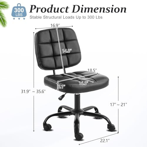 VINGLI Compact Small Desk Chair, Cute Armless Chair with Wheels, Vanity Chair with Low Back, Height Adjustable Task Chair for Small Spaces, Office, Bedroom, Make Up Room, PU Leather, Black - color: Black