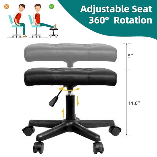 Real Leather Tall Foot Stool, Adjustable Leg Rest Ottoman Footrest with Wheels & Thick Padding, Ergonomic Footrest for Office & Gaming Chairs - Height 14.6-19.6 Inch, Lockable 360-Degree Casters