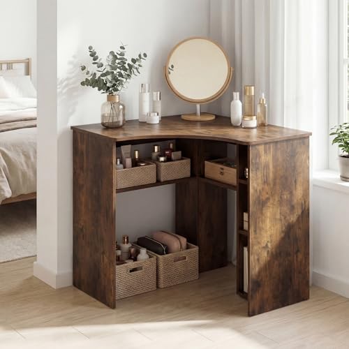 Tangkula Compact Corner Desk, Space Saving Study Table, Brown - color: Rustic Brown, size: 32"D x 32"W x 29.5"H
