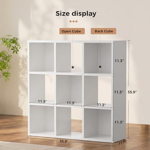 LUCKLIFE 9-Cube Storage Organizer, Modular Bookcase Shelf with Vertical or Horizontal Use, Fits 11×11" Bins, Optional Back Panels, for Living Room, Office, White - color: 9 Cube - White