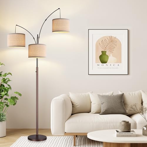 Dimmable Floor Lamp, 3 Lights Brown Arc Floor Lamp, Modern Tall Standing Tree Lamp with Beige Linen Shades & Heavy Base, 3000LM LED Bulbs, Bright Lighting for Living Room, Bedroom, Office & Reading - color: Brown-Beige Linen Shade