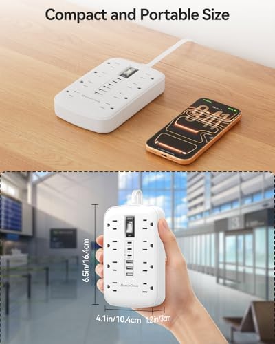 3FT Extension Cord with 6 USB(3 USB C) 8 Outlets, Flat Plug Power Strip - size: 3 FT-White-Three Prong