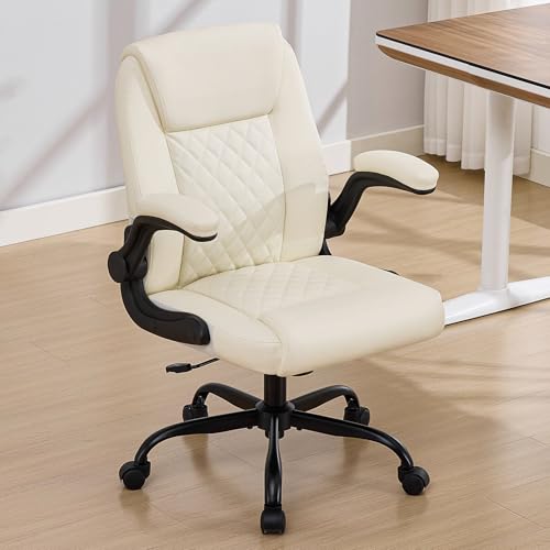 Executive Office Chair with Lumbar Support & Flip-up Arms, Beige | Ergonomic Desk Chair, 90–115° Tilt & Rocking, 20.1" Wide Seat, PU Leather, for Home Offices & Conference Rooms, 300Lbs - color: Beige