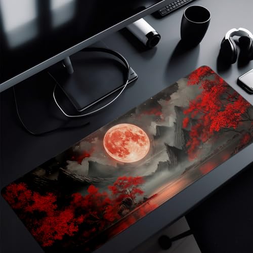 Darkness Red Moon Mouse Pad Abstract Red Mouse Pad 31.5x11.8 Inch Texture Non-Slip Rubber Base Large Mousepad Stitched Edges Keyboard Mouse Mat Desk Pad for Office and Home - color: Darkness Red Moon