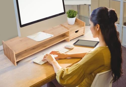Bamboo 2-Tier Monitor Stand Riser with Drawers, Desktop Organizer for Laptop, Computer, Printer, Cellphone - Reduce Neck & Eye Strain, Office & Home Use