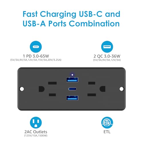 HHSOET 5 in 1 Recessed Power Strip Flat Plug, 65W Fast Charging Furniture Outlet with USB, Conference Recessed Socket with 2 AC Plugs, 2 USB Ports 1 USB-C, 10ft Power Cord. (Black)