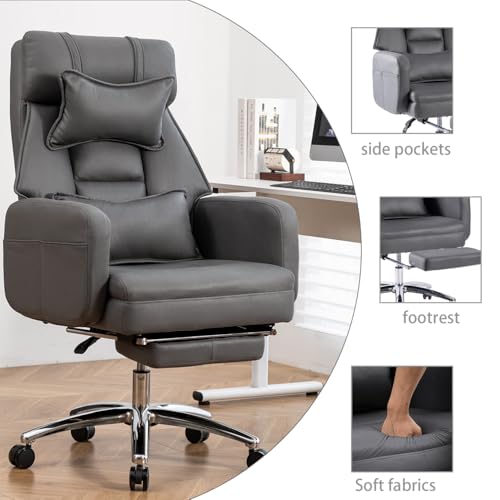 Executive Office Chair, Big and Tall Ergonomic Desk Chairs with Headrest & Footrest, Adjustable High-Back Recliner, Swivel Computer Chair w/Side Pockets, Lumbar Support for Home Office (Dark Grey) - color: Dark Grey