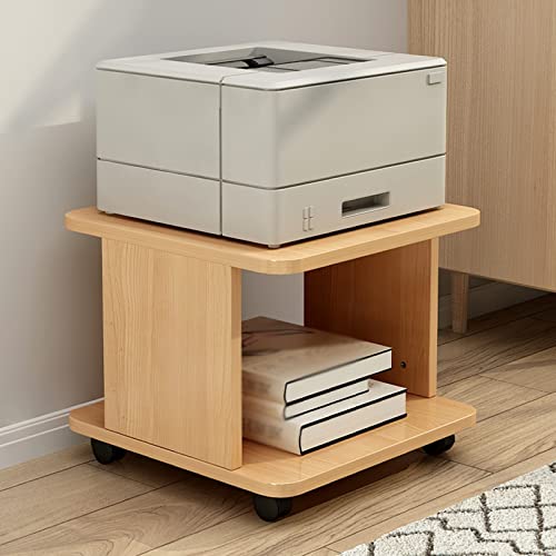 Printer Stand Wooden Movable Laser Printer Stand, 2-Tier Mobile Machine Cart with Open Storage, Heavy Duty Storage Rack for Office and Home, Log Color Multifunctional Stand