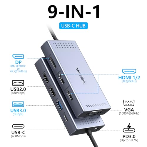 USB C Docking Station Dual HDMI Monitor Adapter, Melelink USB C Hub 3 Monitors with 2X HDMI 4K, 8K Displayport, VGA, 100W PD, USB C&A Ports, 9 in 1 Laptop Docking Station for Dell, HP, Lenovo, etc - color: Gray 9 Port USB C Docking Station