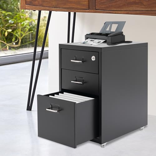 CNCEST 2-Drawer Vertical File Cabinet Metal Mobile Filing Cabinet with Lock Rolling File Drawer Cabinet Under Desk Sturdy Steel Storage Unit with Glide Drawers Lockable Wheels for Home Office (Black) - color: Black