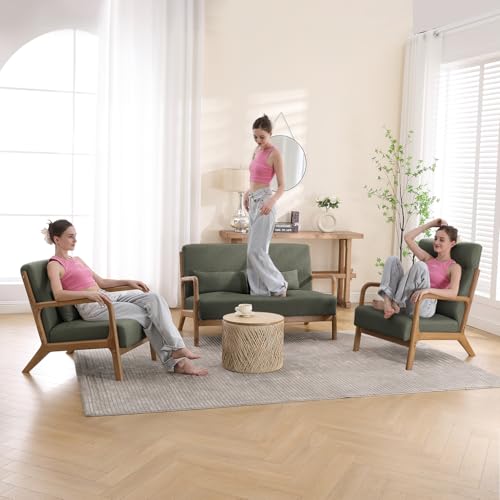 INZOY Mid Century Modern Accent Chair with Wood Frame, Upholstered Living Room Chairs with Waist Cushion, Reading Armchair for Bedroom Sunroom (Green) - color: A-blackish Green