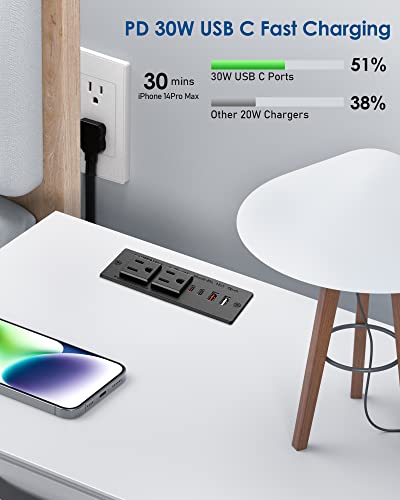 Recessed Power Strip with 30W USB C,Ultra Thin Flat Plug Power Strip,2 Outlets 4 USB Ports,Furniture Flush Mount Desk Outlet,Recessed Outlet for Side Table/Sofa Table,6ft Cord (Black) - color: Black, size: 6 FT Cable
