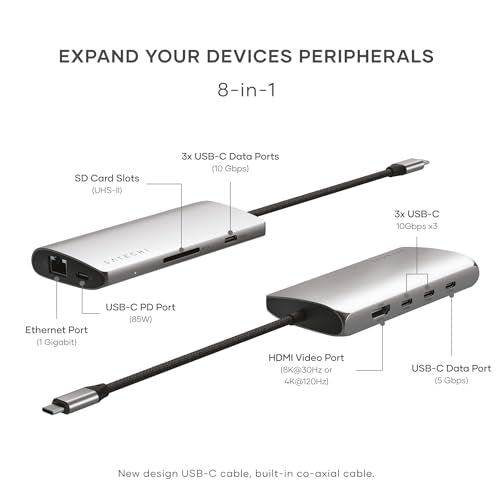 Satechi 8-in-1 USB-C Hub V3, 8K HDMI, 100W Charging, Ethernet, Space Gray - color: Space Gray, size: V3