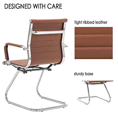 Conference Room Chairs Set of 2, Waiting Room Chairs with Arms, Faux Leather Reception Chairs No Wheels, Office Guest Chairs with Mid Back Support and Chrome Sled Base, Cafe - color: Cafe, size: 2PCS
