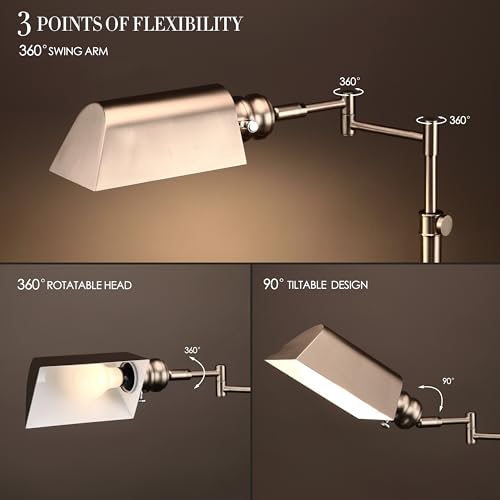 O’Bright Arcadia - Pharmacy Floor Lamp, Full Range Dimming, Swing Arm Task Lamp, E26 Socket, Bulb Replaceable, Adjustable Height 47” to 55”, 360° Rotatable Shade, All-Metal Design, Brushed Nickel - color: Brushed Nickel
