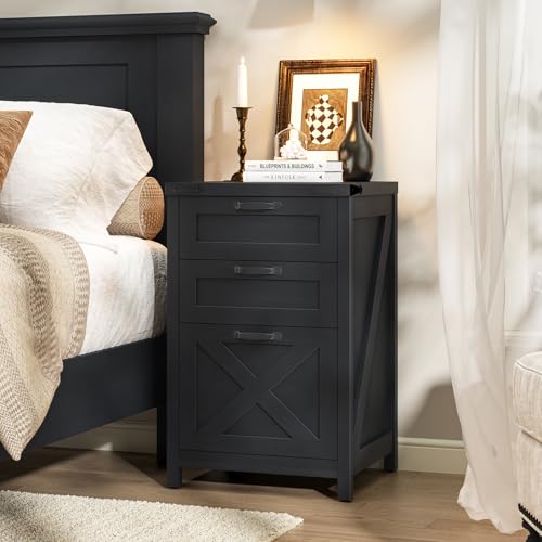 Halitaa Small Farmhouse File Cabinet with 3 Drawers for Home Office, Black | Halitaa Vertical Filing Cabinet Fits Letter and A4 Size, Farmhouse Printer Stand, Under Desk Wooden File Cabinet - color: Black, size: 3 Drawers