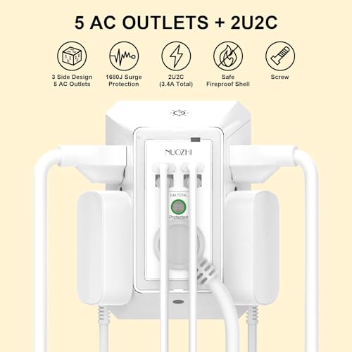 Multi Plug Outlet Surge Protector, NUOZHI 5 Outlets and 4 USB Ports(2 USB-C) and Night Light, 3-Sided Power Strip with Adapter Spaced Outlets for Home, Office, Travel, ETL Listed, White - color: White(Night Light), size: 5 Outlets