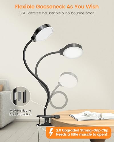 Glocusent 5W Desk Lamp with Remote, 3 Colors & 5 Brightness Reading Lights | Flexible Gooseneck Clip on Lamp, 30-Min Timer Reading Lamp, Perfect Clip on Light for Bunk,Bed,Headboard,Table,Work,Craft - color: Black with Remote