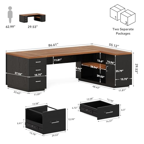 LITTLE TREE 87-Inch Modern Executive Desk with File Cabinet, Large Home Office Desk with Drawers, 3-Drawer Wooden File Cabinet, Spacious Workstation for Home Office (Brown & Black) - color: Brown and Black