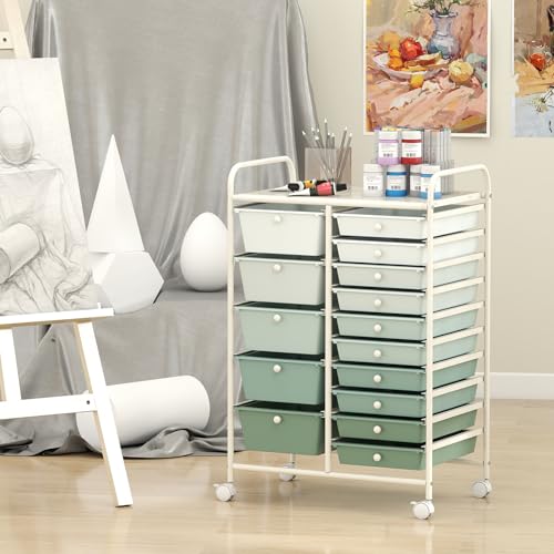 Giantex 15 Drawers Rolling Cart, Classroom Organizers, Storage Cart with Wheels, for Teacher Office Home School Supplies Tool Craft Art Paper, Green Gradient - color: Green Gradient, size: 15 Drawers (5 Big +10 Small)