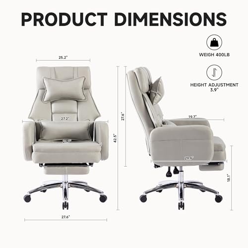 Executive Office Chair, Big and Tall Ergonomic Desk Chairs with Headrest & Footrest, Adjustable High-Back Recliner, Swivel Computer Chair w/Side Pockets, Lumbar Support for Home Office (Light Grey) - color: Light Grey