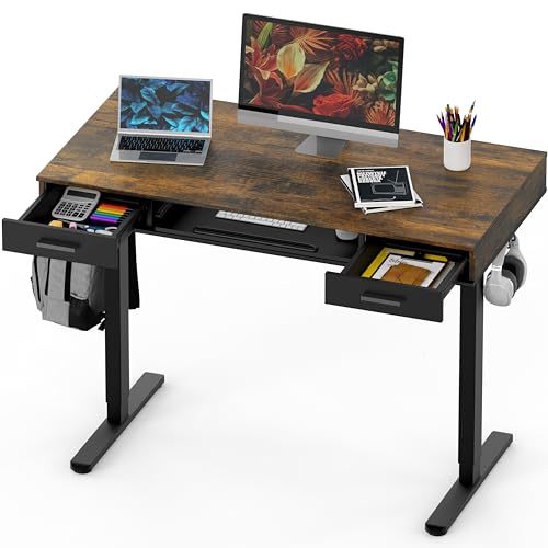 SHW 48-Inch Electric Height Adjustable Desk w/Keyboard Tray, Rustic Brown | w/ 2 Drawers | Memory Presets and Cable Management | Hanging Hooks - color: Rustic Brown