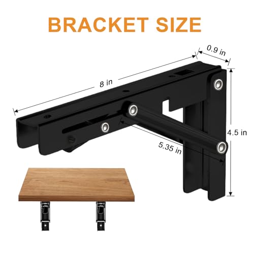 Storystore Folding Shelf Brackets - 8 Inch Heavy Duty Metal Collapsible Shelf Bracket for Bench Table, Shelf Hinge Wall Mounted Space Saving DIY Bracket, Max Load: 150 lb (2 PCS, Black) - size: 8 Inch