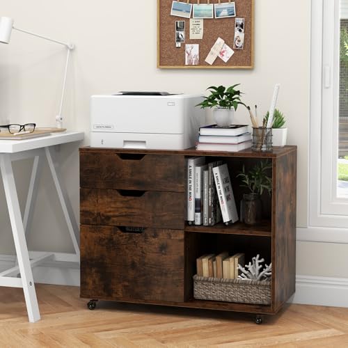 3 Drawer File Cabinet, Wood Lateral Filing Cabinet for Hanging Letter, A4, Legal Size, Rolling Printer Stand with Adjustable Shelf, Under Desk Storage for Home Office (Brown) - color: Rustic Brown, size: 32” x 16” x 26”