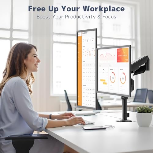 PUTORSEN Dual Monitor Stand for 17-32 Inch Screens, VESA 75/100 | Full motion dual monitor desk mount supports 19.8 lb per arm with tilt, swivel, rotation and C-clamp or grommet base.