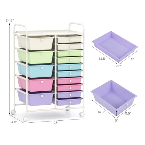 COSTWAY 15 Drawer Rolling Storage Cart, Mobile Utility Cart with Lockable Wheels, Drawers, Multipurpose Organizer Cart for Home, Office, School, Ice Cream Multicolor - color: Ice Cream Multicolor